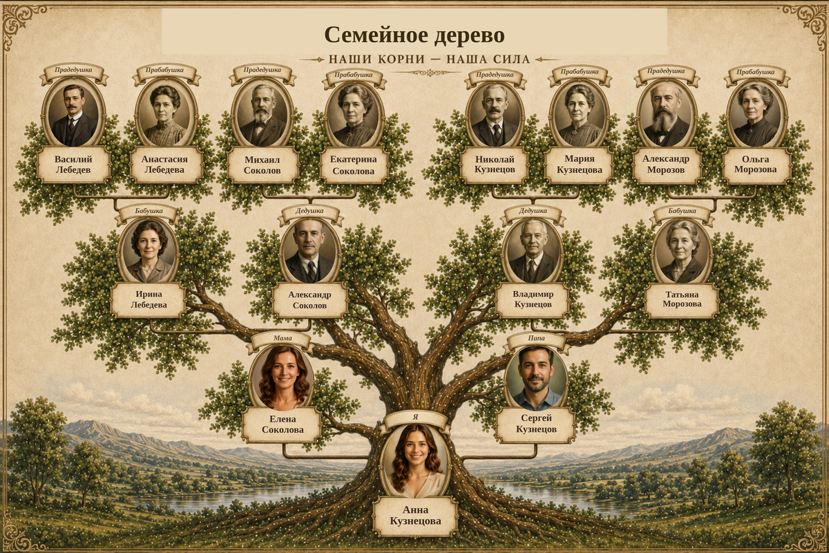 Пример «Семейное дерево — расширенное»: реальный результат конструктора с тестовыми данными