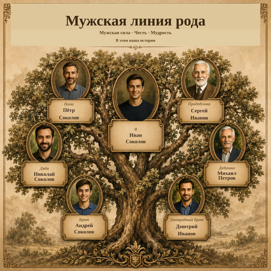 Пример «Мужская линия рода»: реальный результат конструктора с тестовыми данными
